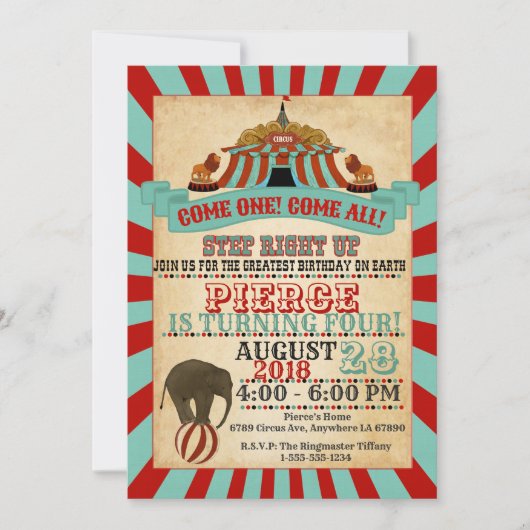 Invitation d'anniversaire du Cirque vintage (Devant)