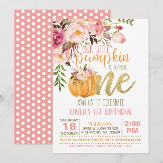 Invitation d'anniversaire du Citrouille floral - F (Devant / Derrière)