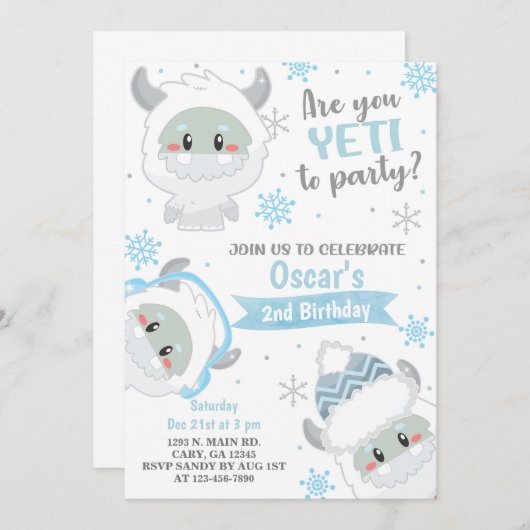 Invitation d'anniversaire du garçon d'hiver Yeti, (Devant / Derrière)