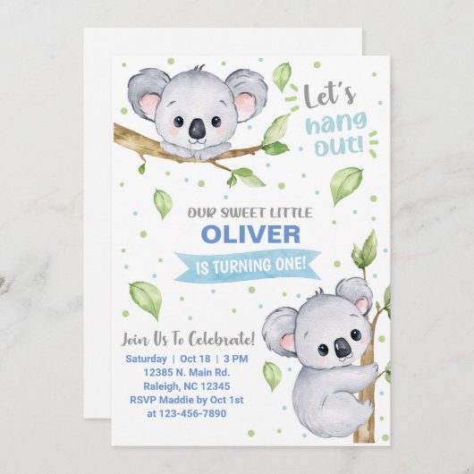 Invitation d'anniversaire du garçon Koala, tout âg (Devant / Derrière)