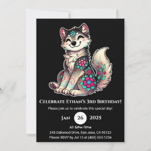 Invitation d'anniversaire du loup floral souriant