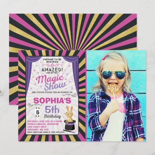 Invitation d'anniversaire du magicien Spectacle ma (Devant / Derrière)