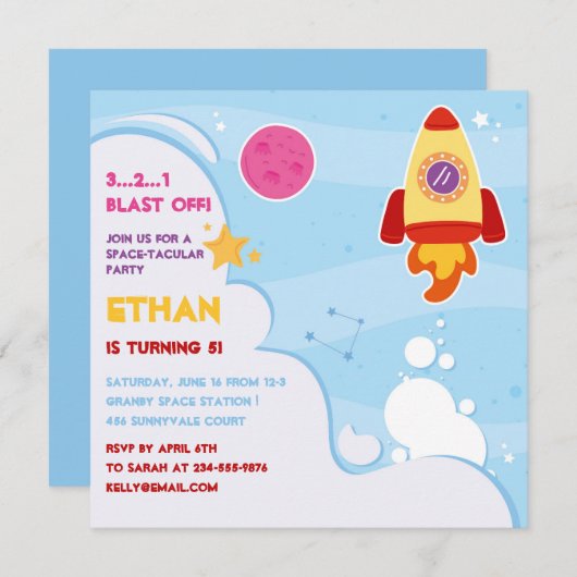 Invitation d'anniversaire du navire-fusée spatial (Devant / Derrière)