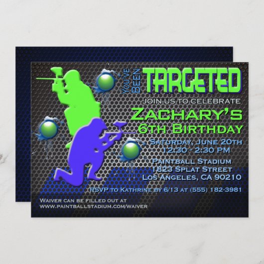 Invitation d'anniversaire du Paintball du garçon (Devant / Derrière)