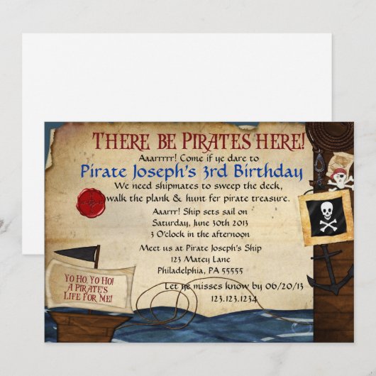 Invitation d'anniversaire du Pirate (Devant / Derrière)