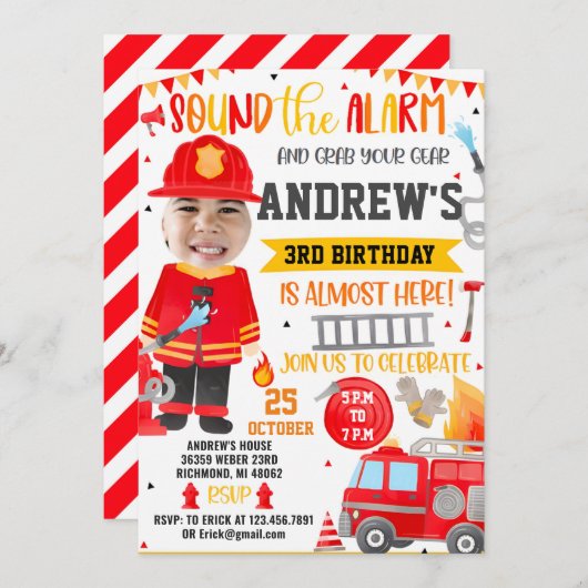 Invitation d'anniversaire du pompier avec photo (Devant / Derrière)