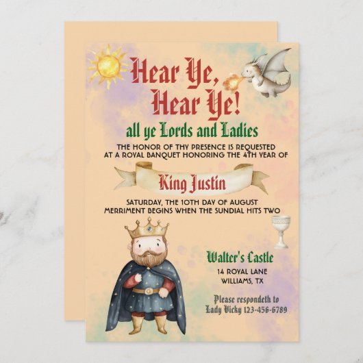 Invitation d'anniversaire du roi de la Renaissance (Devant / Derrière)