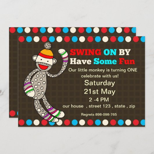 Invitation d'anniversaire du singe-sock (Devant / Derrière)