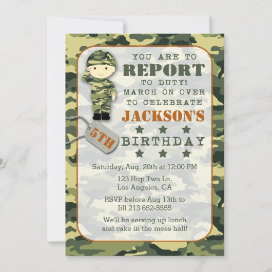 Invitation d'anniversaire du soldat Camo militaire (Devant)