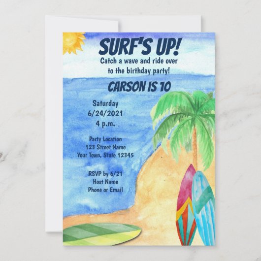 Invitation d'anniversaire du surf (Devant)