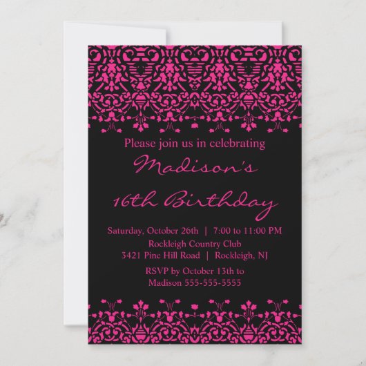 Invitation d'anniversaire du Sweet sixteen Fuchsia (Devant)