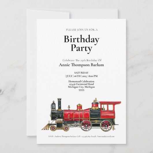 Invitation d'anniversaire du train rouge vintage (Devant)