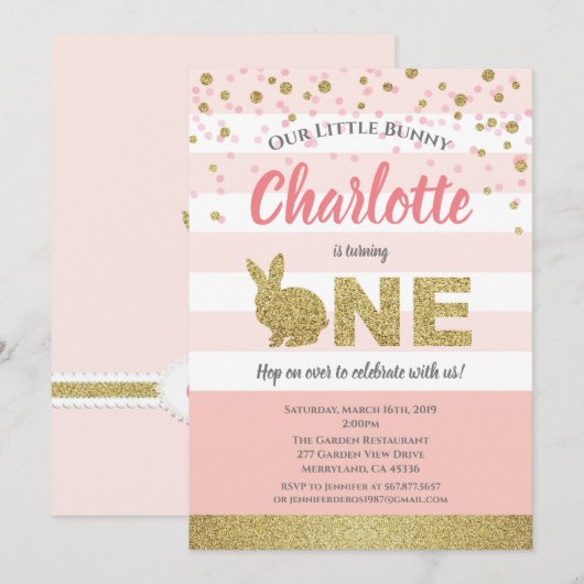 Invitation d'anniversaire d'un an de fille lapin r (Devant / Derrière)