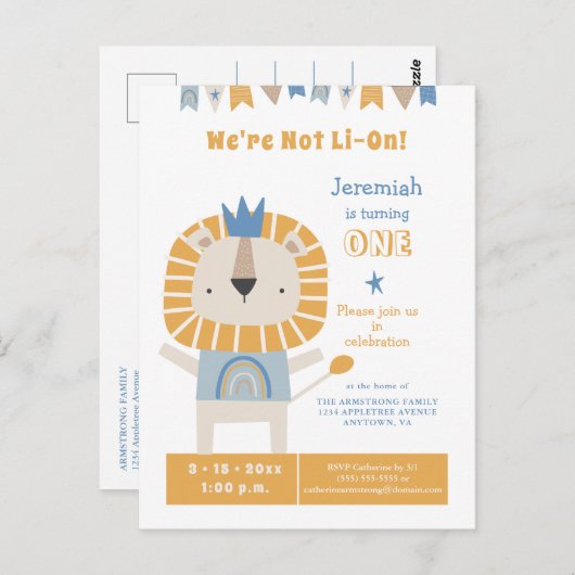 Invitation d'anniversaire d'un an de lion garçon (Devant / Derrière)