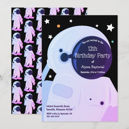 Invitation d'anniversaire d'un astronaute violet (Devant / Derrière)