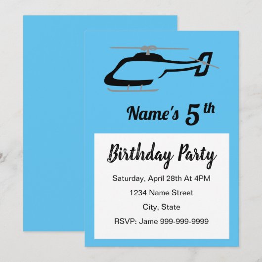 Invitation d'anniversaire d'un hélicoptère (Devant / Derrière)