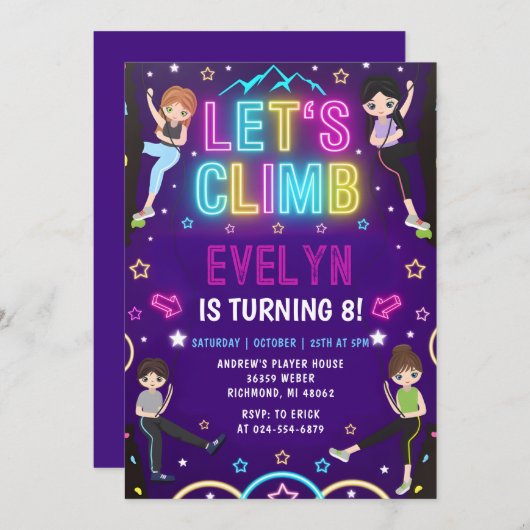 Invitation d'anniversaire d'une Escalade de rock p (Devant / Derrière)