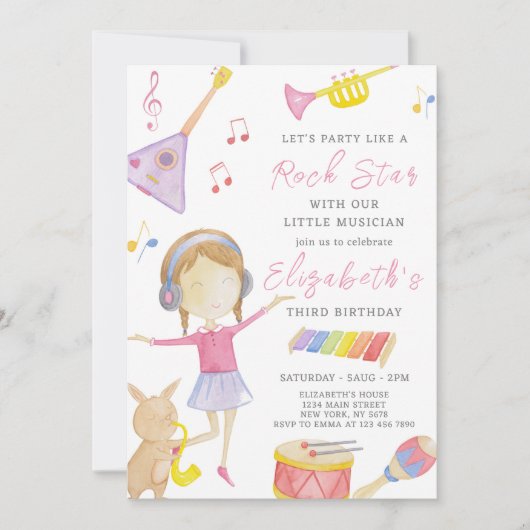 Invitation d'anniversaire d'une fille musicienne (Devant)