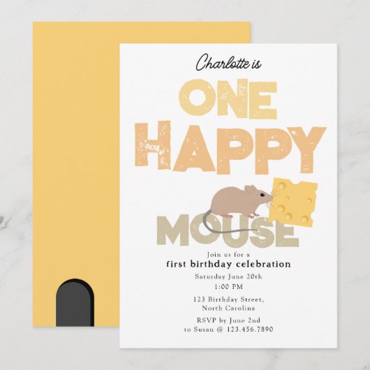 Invitation d'anniversaire d'une Souris Heureuse 1e (Devant / Derrière)