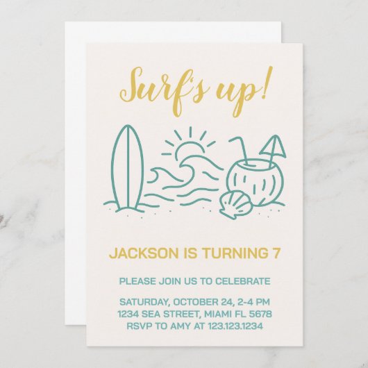 Invitation d'anniversaire éditable du surf (Devant / Derrière)