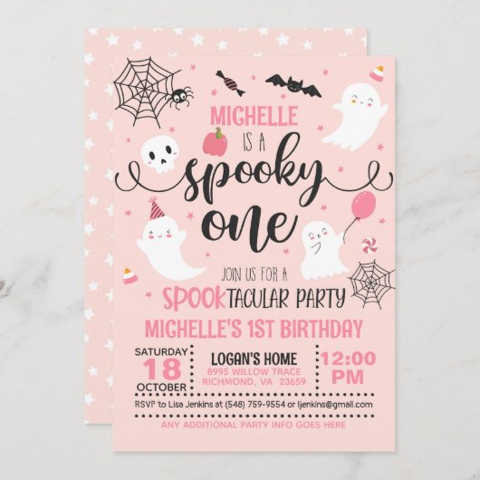 Invitation d'anniversaire éffrayante - Fille (rose (Devant / Derrière)