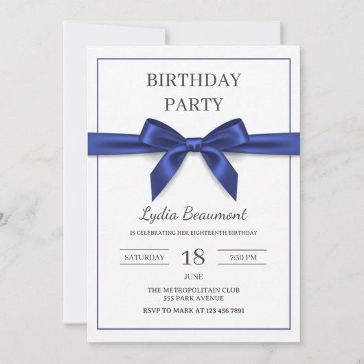 Invitation d'anniversaire Elegant Navy Blue Bow (Devant)