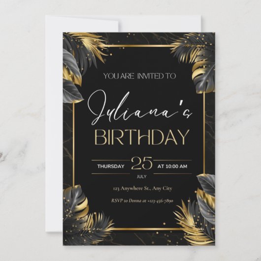 Invitation d'Anniversaire Elegant Noir et Or (Devant)