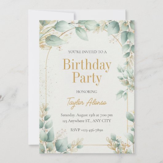 Invitation d'anniversaire élégante avec verdure et (Devant)