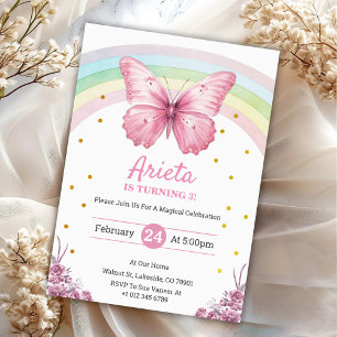 Invitation d'anniversaire élégante papillon rose