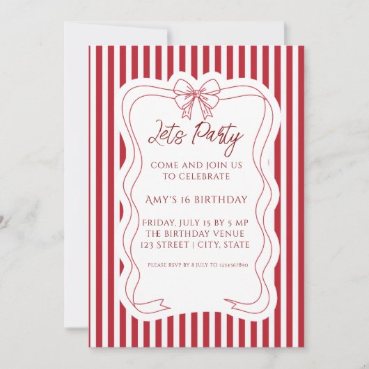 Invitation d'anniversaire élégante rayée rouge et  (Devant)