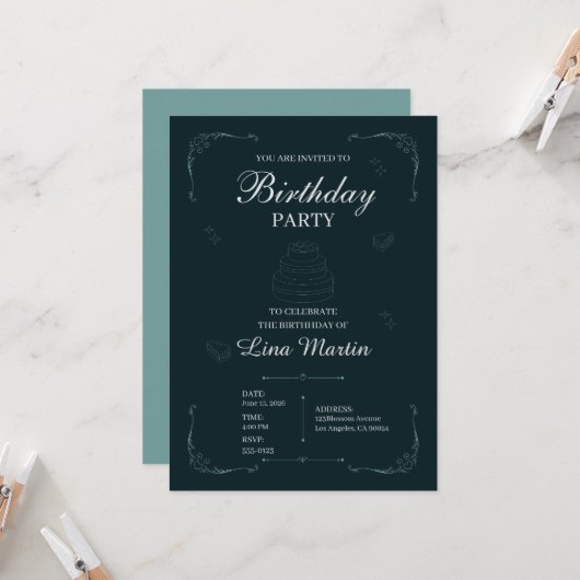 Invitation d'anniversaire élégante sarcelle (Devant/Arrière en situation)