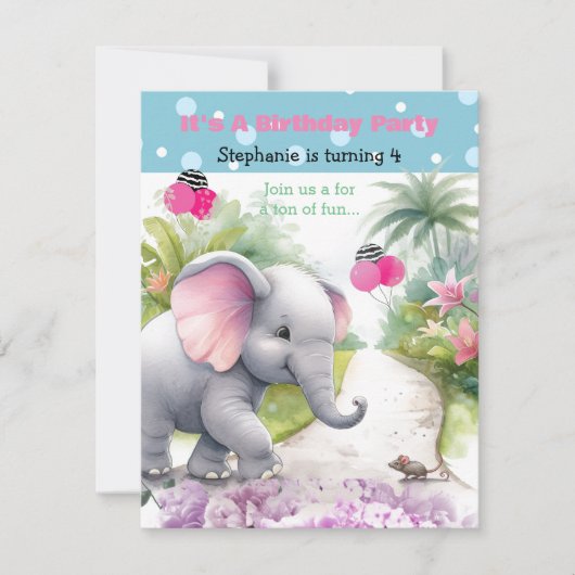 Invitation d'anniversaire éléphant dans un jardin (Devant)