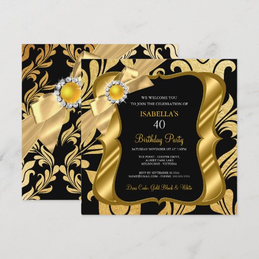 Invitation d'anniversaire Elite Perle Or Arc Noir (Devant / Derrière)