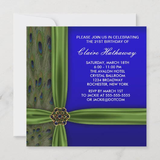 Invitation d'anniversaire Emeraude Paon (Devant)