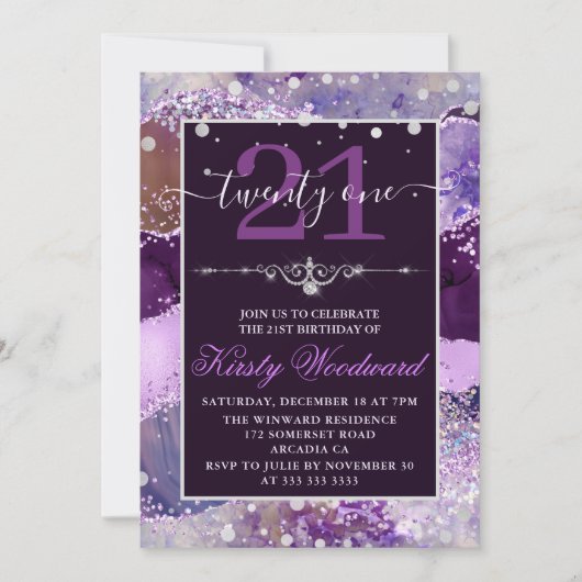 Invitation d'anniversaire en agate pailletée viole (Devant)