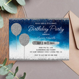 Invitation d'anniversaire en argent et bleu
