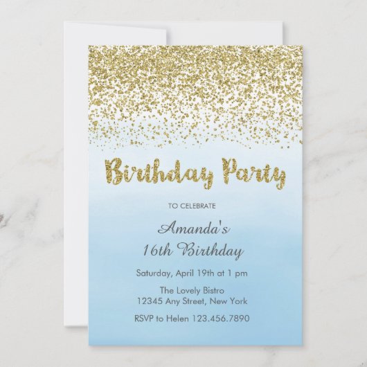 Invitation d'anniversaire en bleu doux et en or (Devant)