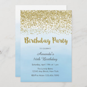 Invitation d'anniversaire en bleu doux et en or