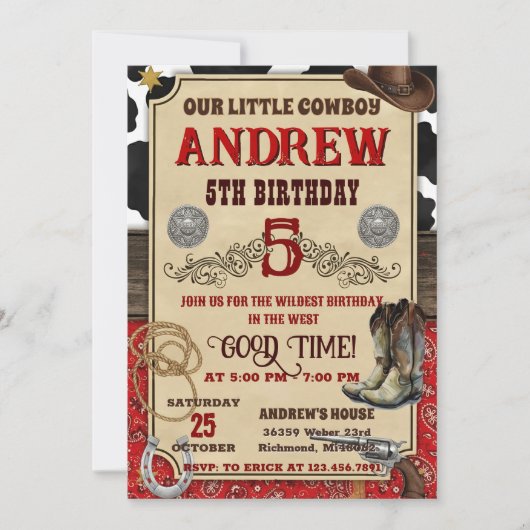 Invitation d'anniversaire en bois rustique Cowboy (Devant)