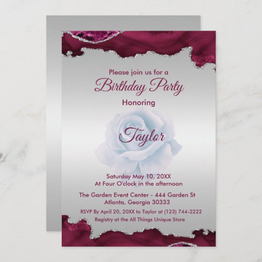 Invitation d'anniversaire en Bourgogne et en argen (Devant / Derrière)