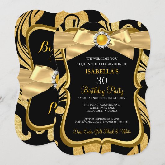 Invitation d'anniversaire en damas noir avec arc e (Devant / Derrière)