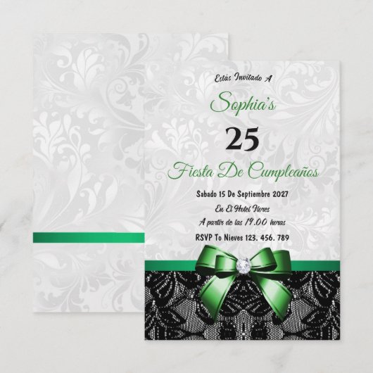 Invitation d'anniversaire en dentelle et damas (Devant / Derrière)