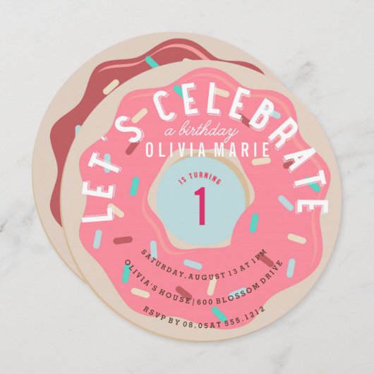 INVITATION D'ANNIVERSAIRE EN DONUT ROSE (Devant / Derrière)