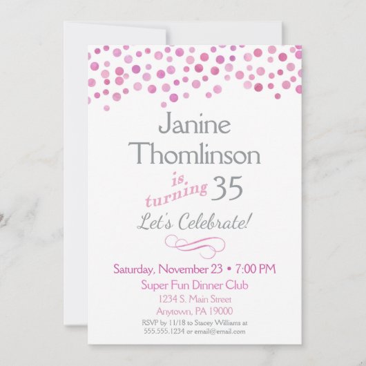 Invitation d'anniversaire en gris rose Confetti Aq (Devant)