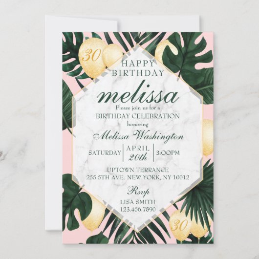 Invitation d'anniversaire en marbre de feuilles tr (Devant)