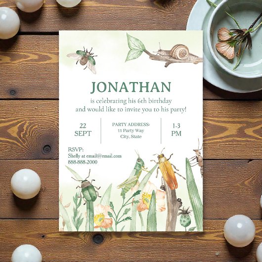 Invitation d'anniversaire enfant insecte aquarelle