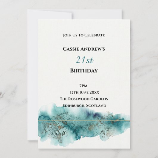 Invitation d'anniversaire étape aquarelle sarcelle (Devant)