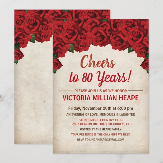 Invitation d'anniversaire étape Fleurs rouges pour (Devant / Derrière)