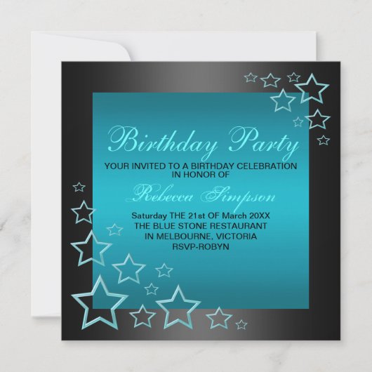 Invitation d'anniversaire étoile bleue et noire (Devant)