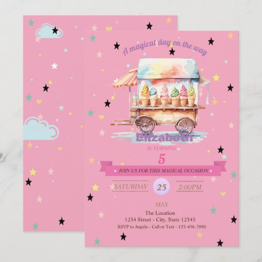 Invitation d'anniversaire Étoiles de Crème Glacée (Devant / Derrière)